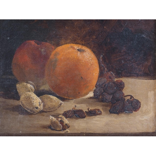 470 - An oil on canvas, still life with orange, apple and dried fruits, 7 3/4