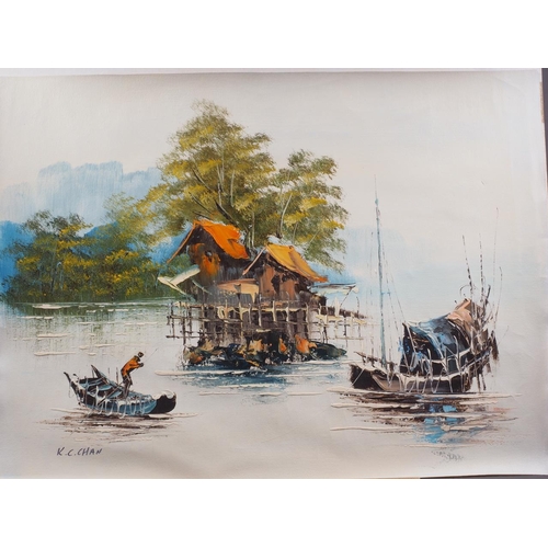 471 - K C Chan: oil on canvas, landscape with figures in a boat, 17 3/4