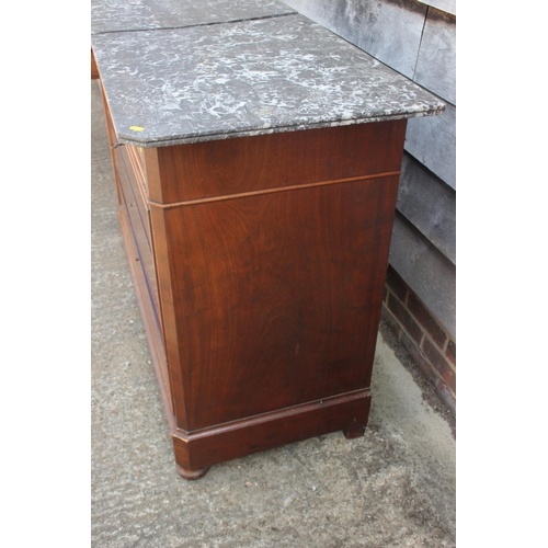 483 - A 19th century French plum pudding marble top commode, fitted five drawers, on block base, 48