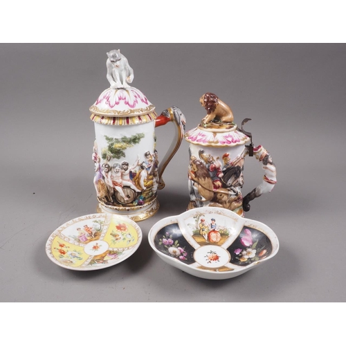 54 - Two Capodimonte tankards and covers, with classical figure decoration, 9