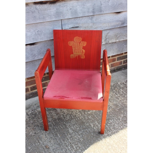 561 - Two 1969 Prince of Wales investiture red lacquered chairs with later upholstery (arms worn)