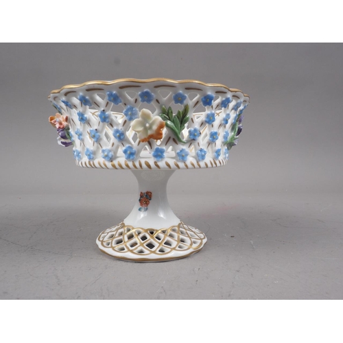 63 - A Dresden pedestal dish with pierced and relief flower decoration, 3 1/2