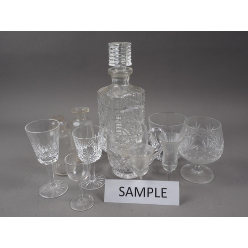 72 - A quantity of cut crystal and glass wares, including five whisky tumblers, a decanter and stopper, a... 