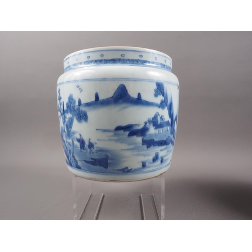 96 - A Chinese blue and white jar, decorated panels with precious objects and a landscape with figures, 6... 