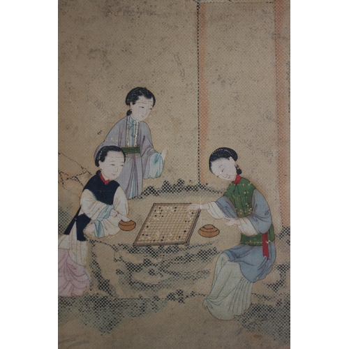 453 - A Chinese watercolour on linen scroll, women in a court garden, 36 3/4