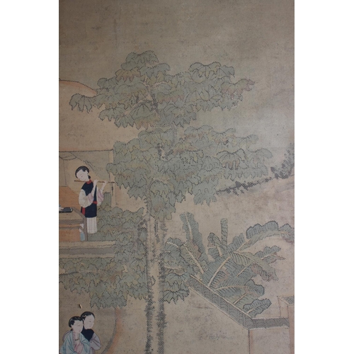 453 - A Chinese watercolour on linen scroll, women in a court garden, 36 3/4