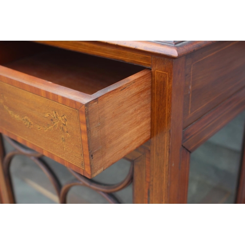 570 - An Edwardian walnut, satinwood banded and line inlaid ledge back display cabinet, fitted two drawers... 