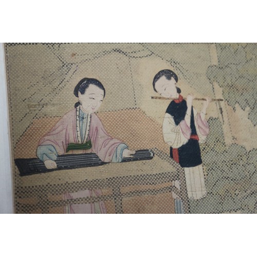 453 - A Chinese watercolour on linen scroll, women in a court garden, 36 3/4