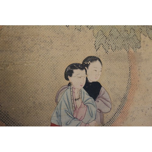 453 - A Chinese watercolour on linen scroll, women in a court garden, 36 3/4