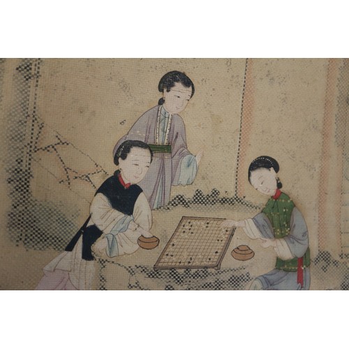 453 - A Chinese watercolour on linen scroll, women in a court garden, 36 3/4