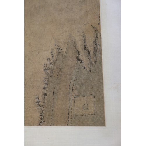 453 - A Chinese watercolour on linen scroll, women in a court garden, 36 3/4