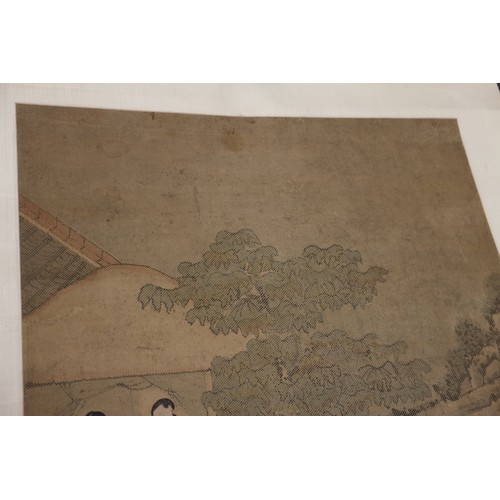 453 - A Chinese watercolour on linen scroll, women in a court garden, 36 3/4