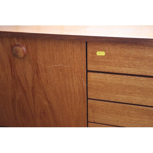 618 - A Vanson 1960s teak side board, fitted two cupboards, cellarette drawer and four drawers, on turned ... 