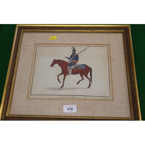 416 - Indian Company School, 1830-1850: watercolour of a Sikh Akali soldier on horseback, holding a matchl... 