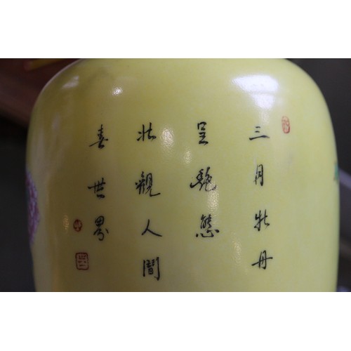 114 - A Chinese porcelain yellow ground vase with bird and flower decoration and verse to reverse, 11