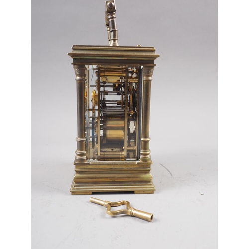 116 - A late 19th century brass cased carriage clock with hour repeat and alarm movement, 6 1/2