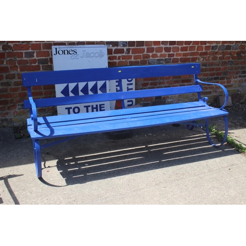 552 - A pair of late 19th century wrought iron and wooden slatted garden benches, painted blue, 71