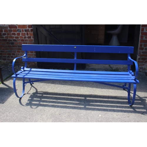 552 - A pair of late 19th century wrought iron and wooden slatted garden benches, painted blue, 71