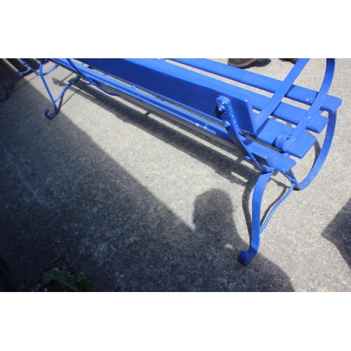 552 - A pair of late 19th century wrought iron and wooden slatted garden benches, painted blue, 71