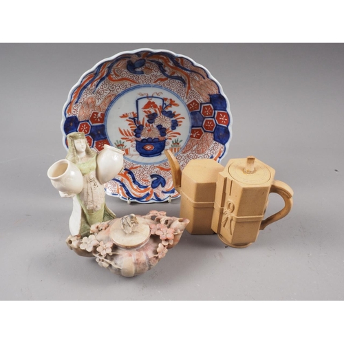 90 - A Chinese carved soapstone teapot, an Imari decorated dish, a Chinese Yixing type pottery teapot and... 