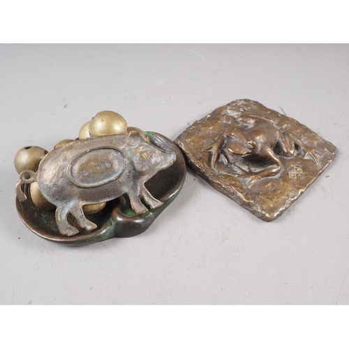 121 - A bronze dish, decorated as a swan, a square bronze paperweight, moulded as a frog, a brass pig dish... 