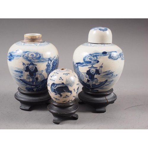 67 - A pair of Chinese 19th century crackle glaze ginger jars, decorated fisherman, 5