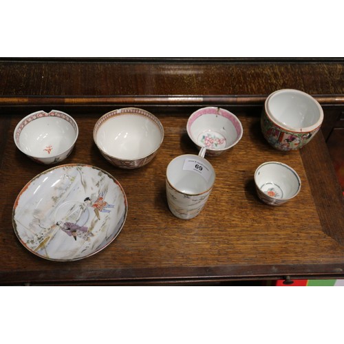 69 - Four Chinese tea bowls, a Canton teacup, a pair of blanc de Chine Dogs of Fo, 8