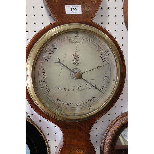 109 - A 19th century mahogany and inlaid banjo barometer and thermometer by A Carioli