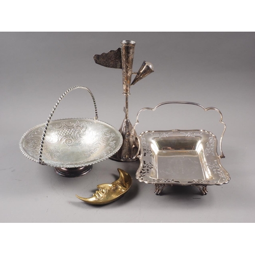 228 - Two silver plated swing handle baskets, a white metal candlestick/table centre and a brass crescent ... 