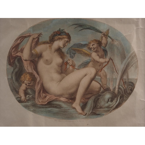 296 - After Batolozzi RA: an early 19th century hand-coloured stipple engraving, Venus, in gilt frame