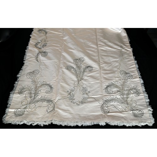 169 - A mid century Duchesse silk satin and interlined court train, beaded as sequined with a feather desi... 