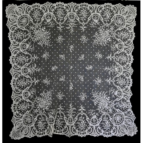 170 - A late 19th century Brussels needle lace applique bridal veil with floral design, 74