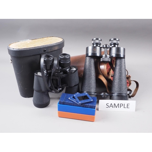 114 - A pair of Barr & Stroud 7x50 binoculars, in case, a pair of Mark Scheffel 10x50 binoculars, a No 2 K... 