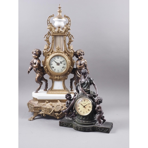 125 - An Imperial reproduction brass and marble mantel clock flanked by fauns with a cream enamel dial and... 