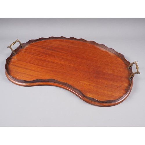 146 - A late 19th century mahogany kidney-shaped gallery tray with brass handles, 24