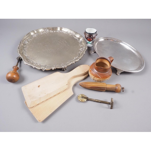 190 - Two 19th century pastry cutters, a horn lemon squeezer, a miniature stoneware jug, a silver plated t... 