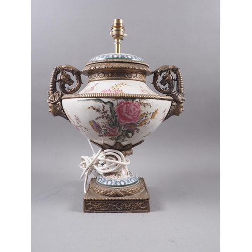 218 - An Italian style crackle glazed urn with gilt metal mounts and floral decoration (now converted to a... 