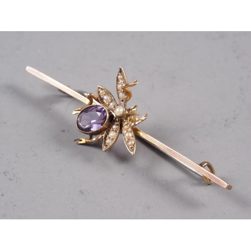 259 - An Edwardian yellow metal, amethyst and seed pearl bug brooch