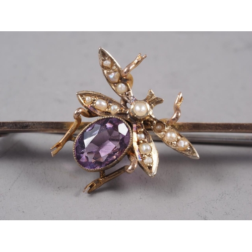 259 - An Edwardian yellow metal, amethyst and seed pearl bug brooch