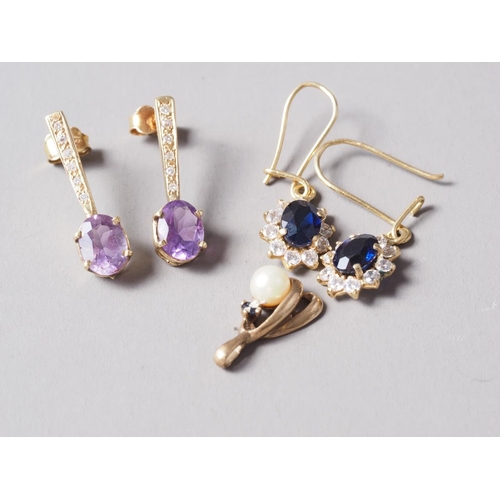 275 - A pair of yellow metal, amethyst and diamond drop earrings, a pair of yellow metal drop earrings, se... 