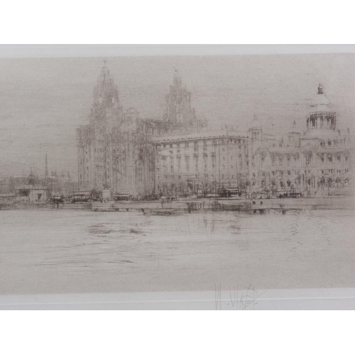 303 - William Walcot: a signed etching, Liver Buildings, Liverpool, 4 3/4