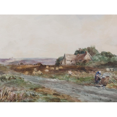 332 - Claude Hayes RI: watercolours, landscape with track, sheep and cottage, 9 3/4