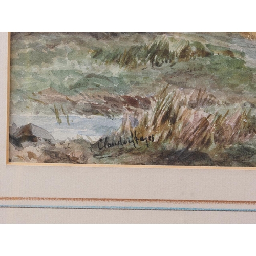 332 - Claude Hayes RI: watercolours, landscape with track, sheep and cottage, 9 3/4