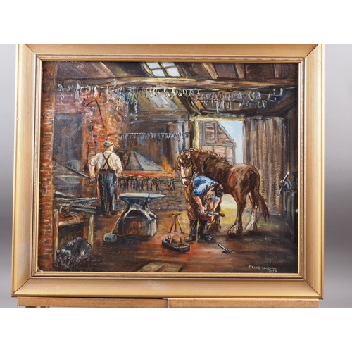 360 - Jean Wildman, 1979: oil on canvas faced board, blacksmith's workshop, 17 1/4