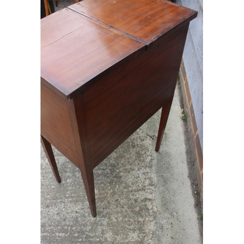 506 - An Edwardian satinwood and banded flap top sewing table, fitted one faux drawer over cupboard, on sq... 