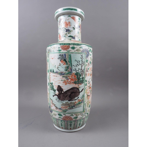 68 - A Chinese rouleau vase, decorated panels with animals, mythical beasts, insects, landscapes and flow... 