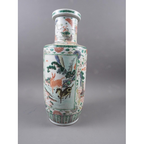 68 - A Chinese rouleau vase, decorated panels with animals, mythical beasts, insects, landscapes and flow... 