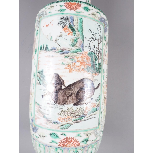 68 - A Chinese rouleau vase, decorated panels with animals, mythical beasts, insects, landscapes and flow... 