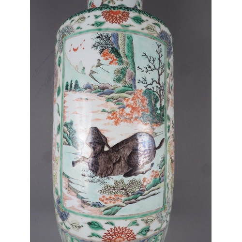 68 - A Chinese rouleau vase, decorated panels with animals, mythical beasts, insects, landscapes and flow... 