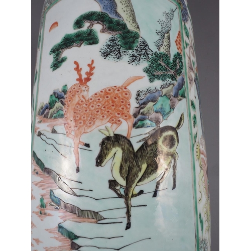 68 - A Chinese rouleau vase, decorated panels with animals, mythical beasts, insects, landscapes and flow... 